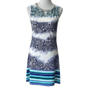 Sleeveless paisley shift dress blue white teal aqua  metal accents neckline Sz S